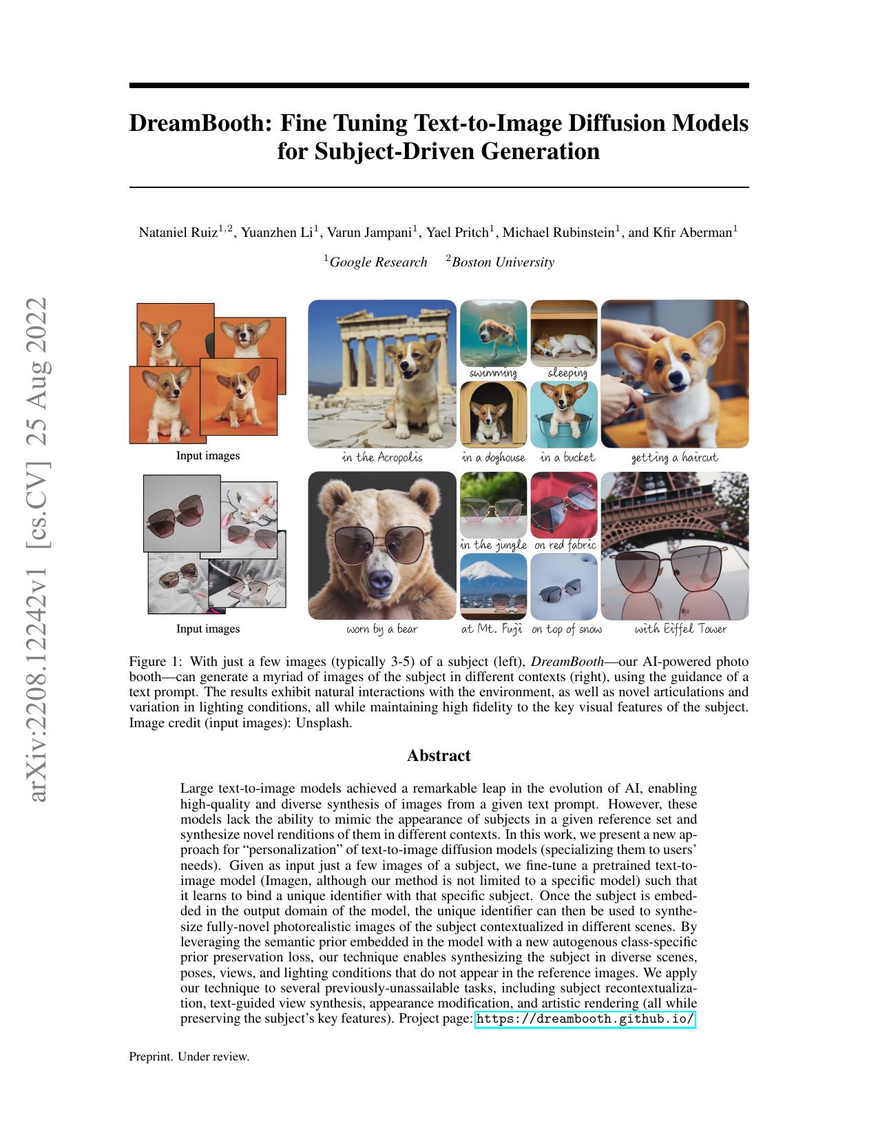 DreamBooth Fine Tuning T2I Diffusion Models for Subject Driven Generation