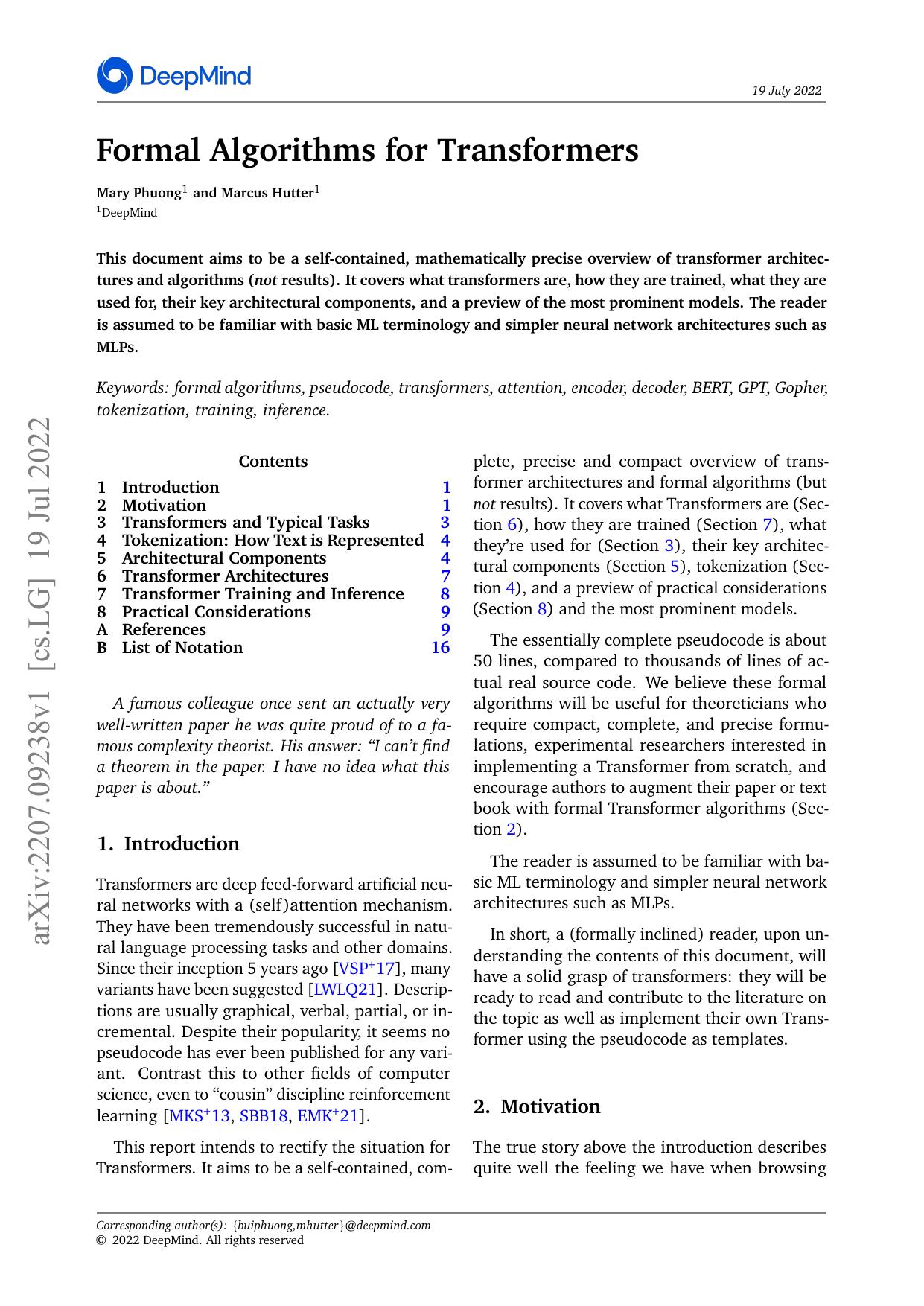 Formal Algorithms for Transformers