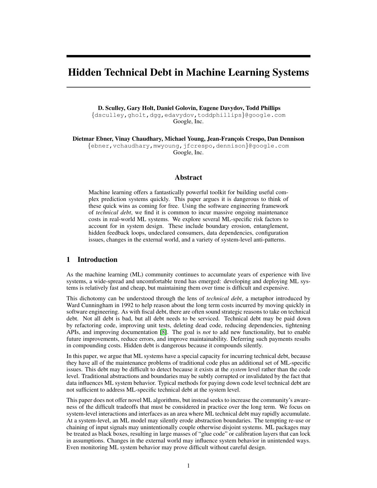 Hidden Technical Debt in Machine Learning Systems