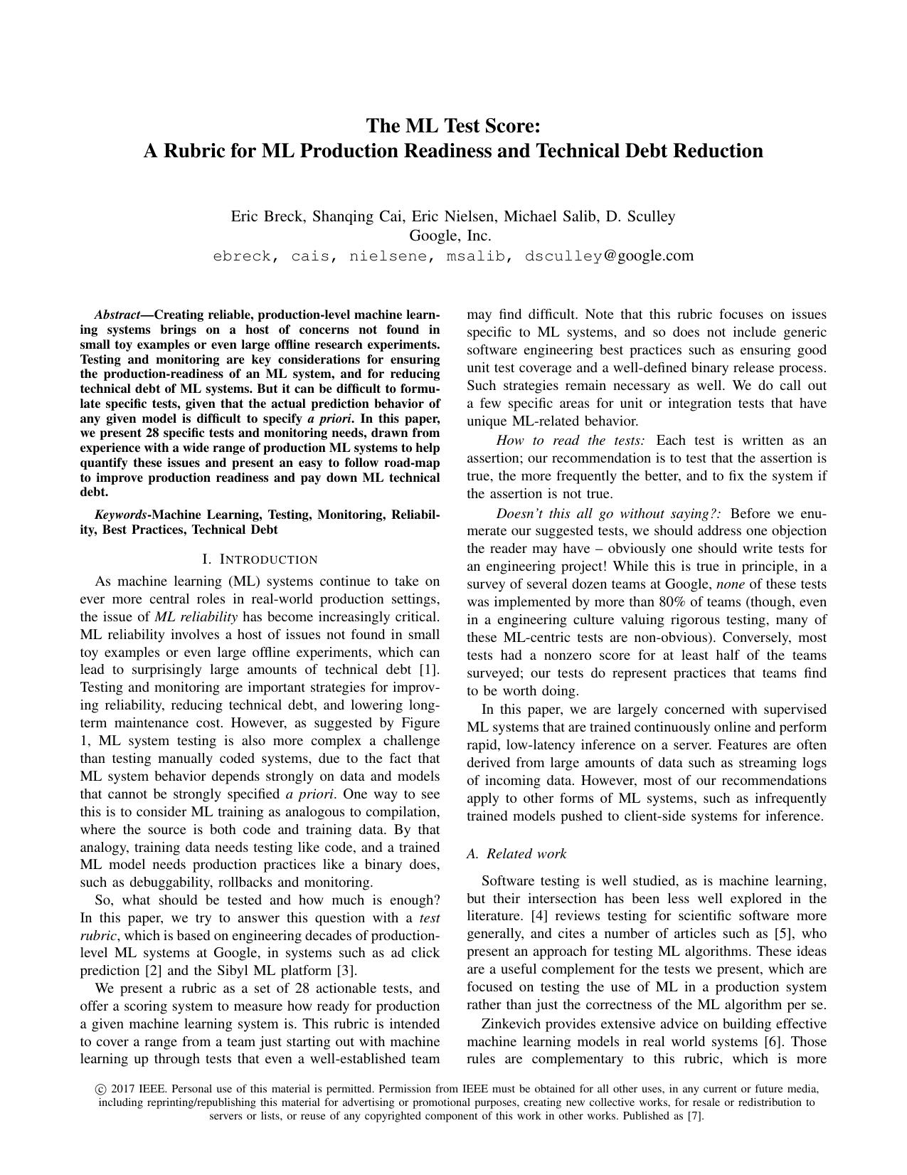 A Rubric for ML Production Readiness and Technical Debt Reduction