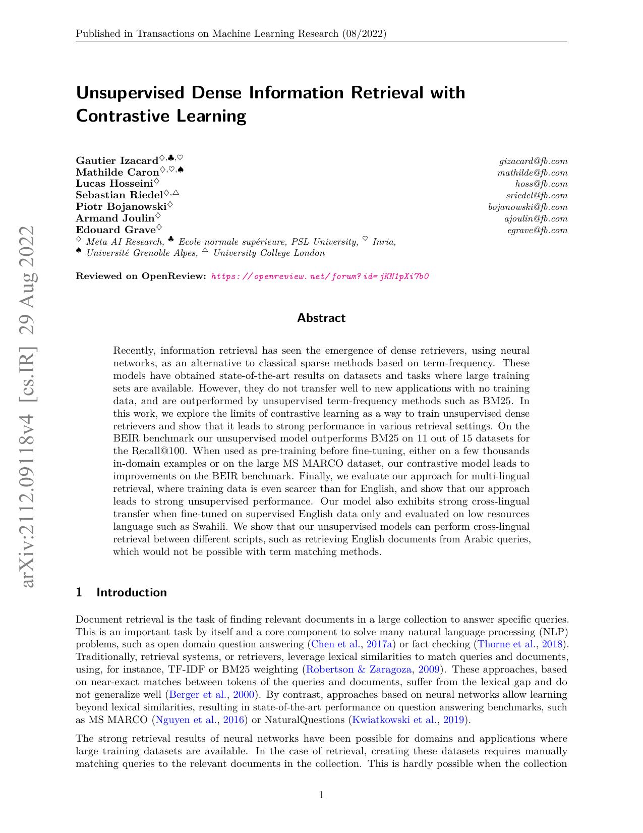 Unsupervised Dense Information Retrieval with Contrastive Learning